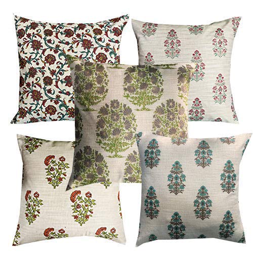 Pink Parrot Jute Cotton Multi Colour With PrintCushion Cover With Zipper 16X16 InchSet Of 5 Pcs