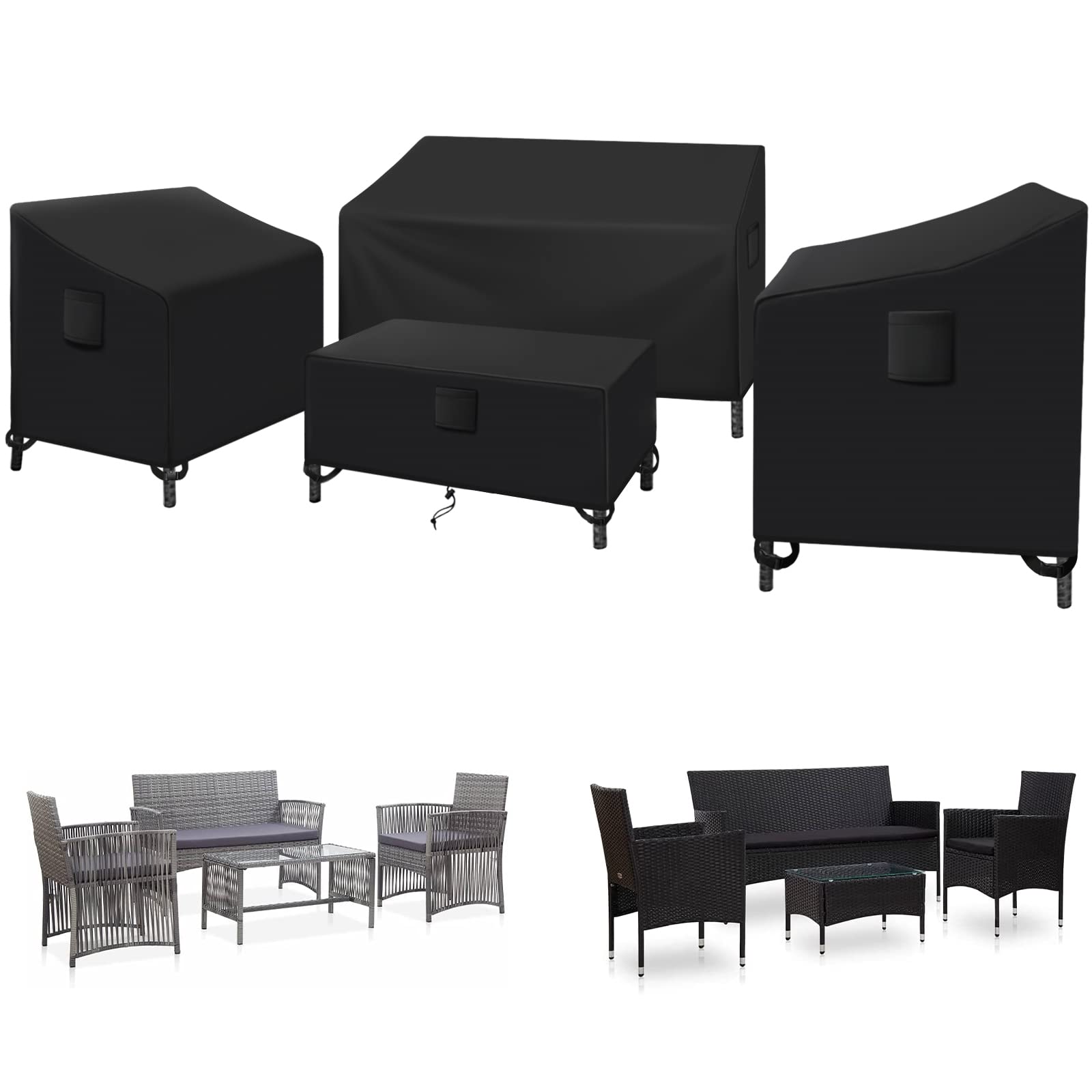 Kovshuiwe Patio Furniture Covers,4-Piece Outdoor Veranda Patio Garden Furniture Covers Set Waterproof - Upgraded 420D Heavy Duty Oxford Fabric Rattan Furniture Cover For Chair Sofa(Black)