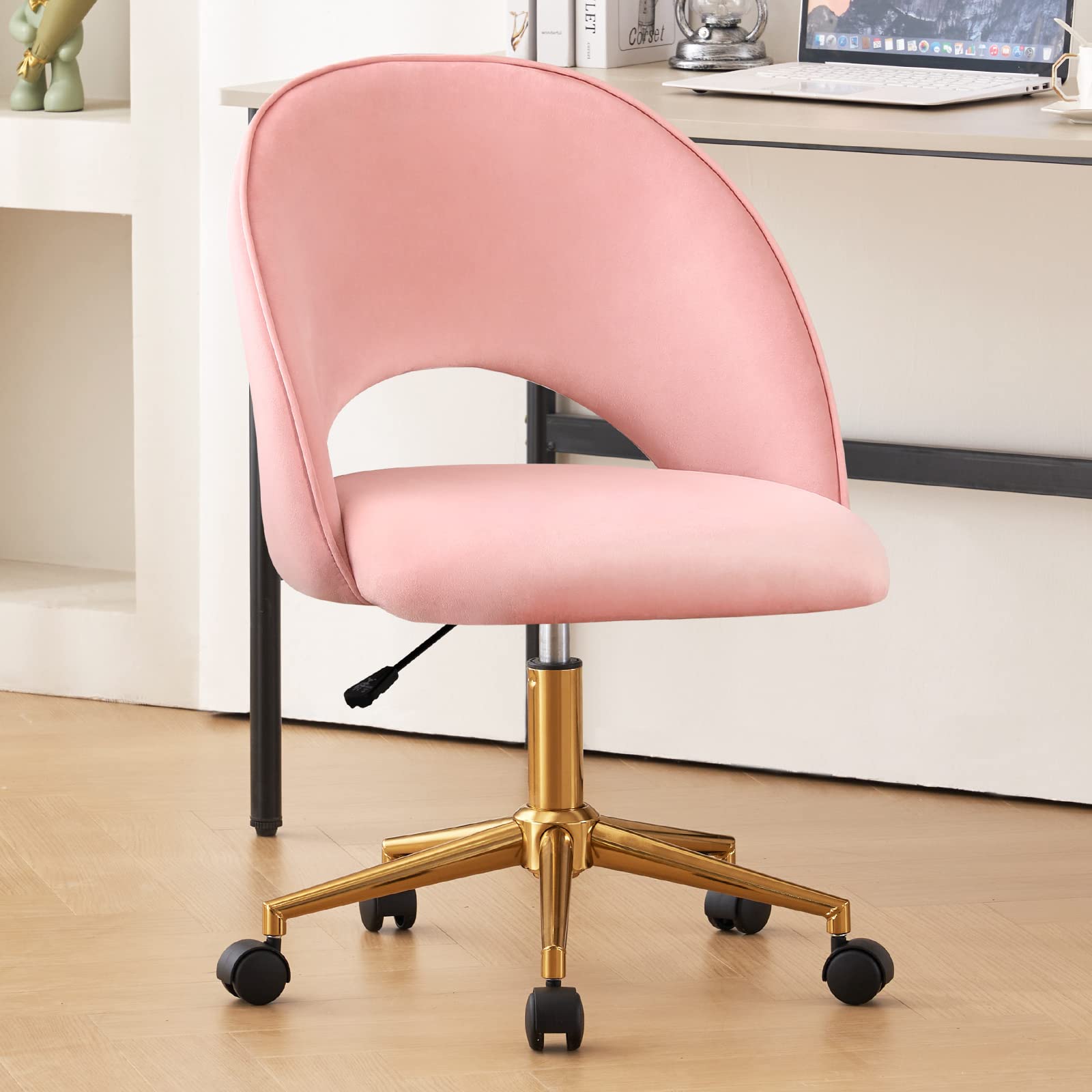 Furnimart Pink Armless Desk Chair, Swivel Velvet Vanity Chair with Gold Legs, Cute Task Chair with Wheels for Girls Living Room 
