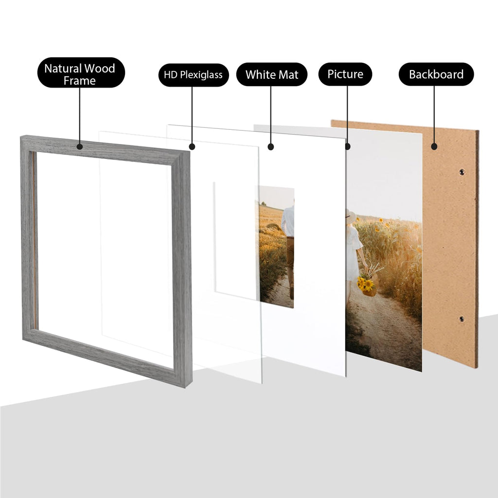 Kinlink Square 12X12 Picture Frames Grey, Solid Wood Frames With Acrylic Plexiglass For Pictures 8X8 With Mat Wall Mounting Disp