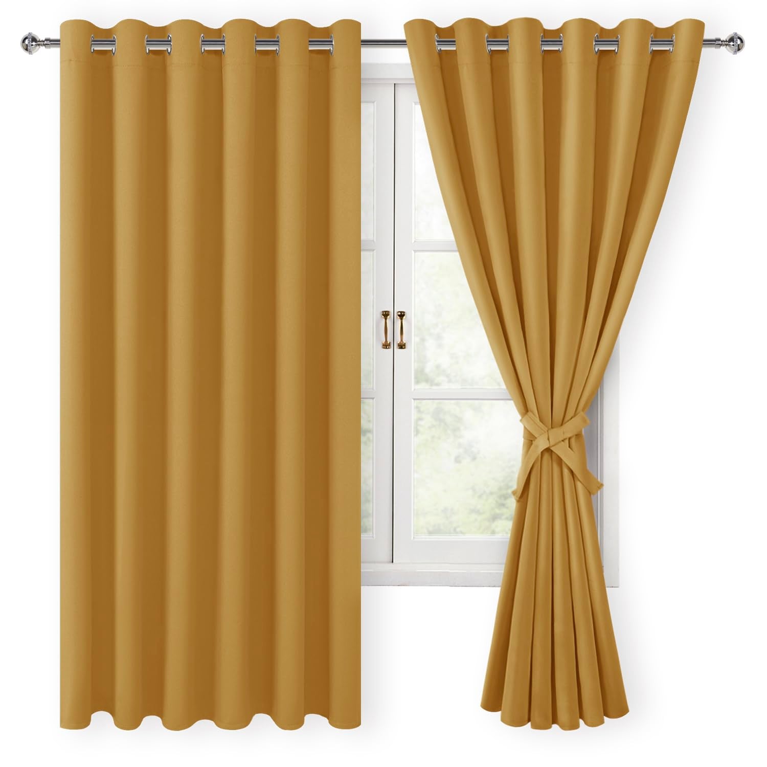 Hiasan Grommet Blackout Curtains For Bedroom, 70 X 63 Inches - Thermal Insulated & Light Blocking Window Drapes For Living Room/Dorm Room, Set Of 2 Panels Sewn With Tiebacks, Pumpkin Orange