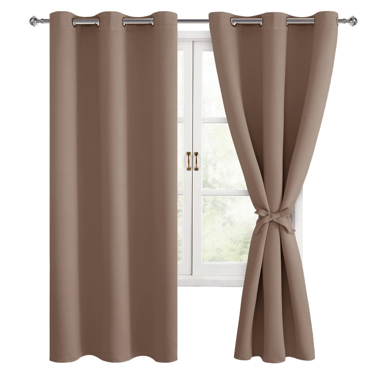 Hiasan Blackout Curtains For Bedroom, 42 X 63 Inches Length - Thermal Insulated & Light Blocking Window Curtains For Living Room, 2 Drape Panels Sewn With Tiebacks, Cappuccino