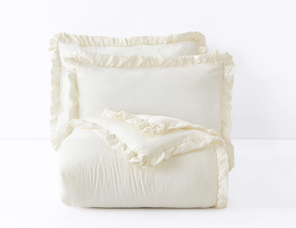 Chezmoi Collection Nora 2-Piece Ruffled Edge Trim Soft Washed Microfiber Comforter Set (Twin, Ivory)