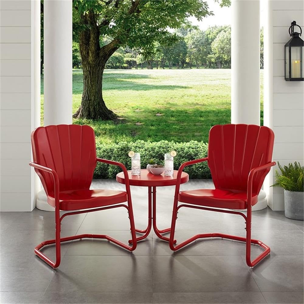 Crosley Furniture Ridgeland 3-Piece Outdoor Chair and Side Table Set, Retro Metal Bistro Patio Sets for Deck, Red