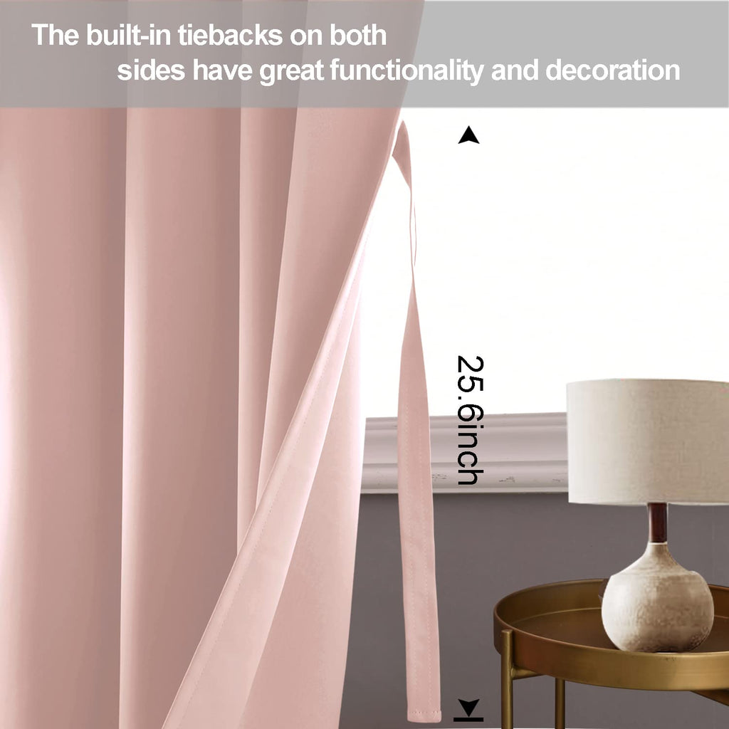 Jiuzhen Blackout Curtains With Tiebacks - Thermal Insulated, Light Blocking And Noise Reducing Grommet Curtain Drapes For Bedroom And Living Room, Set Of 2 Panels, Blush Pink, 52 X 84 Inch Length