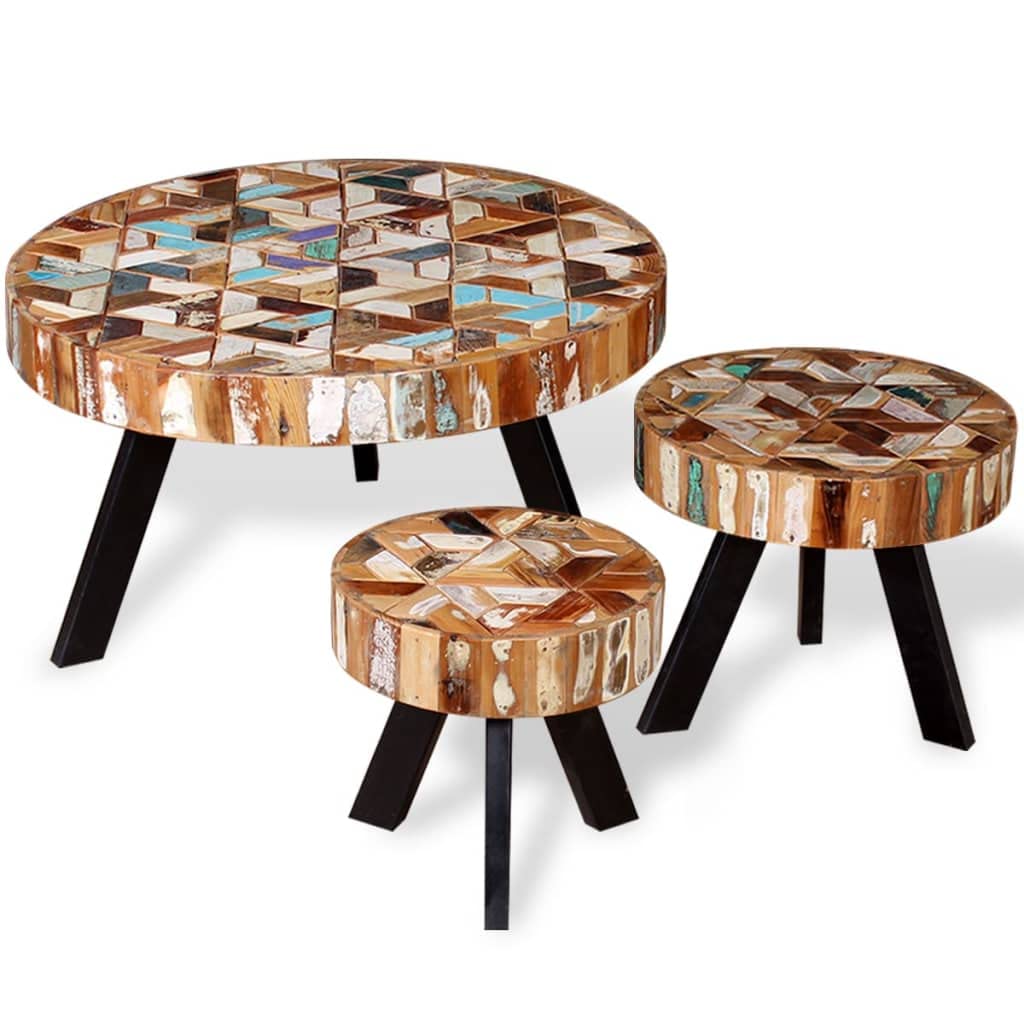 vidaXL Three Piece Solid Reclaimed Wood Coffee Table Set - Vintage Style, Multi-use Furniture, Handmade, Eco-Friendly, Durable Iron Frame
