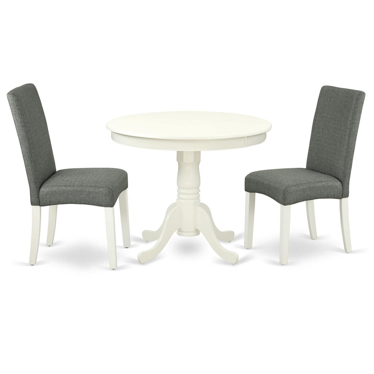 East West Furniture Andr3-Lwh-07 Antique 3 Piece Modern Set Contains A Round Kitchen Table With Pedestal And 2 Gray Fabric Parsons Dining Chairs, 36X36 Inch, Linen White