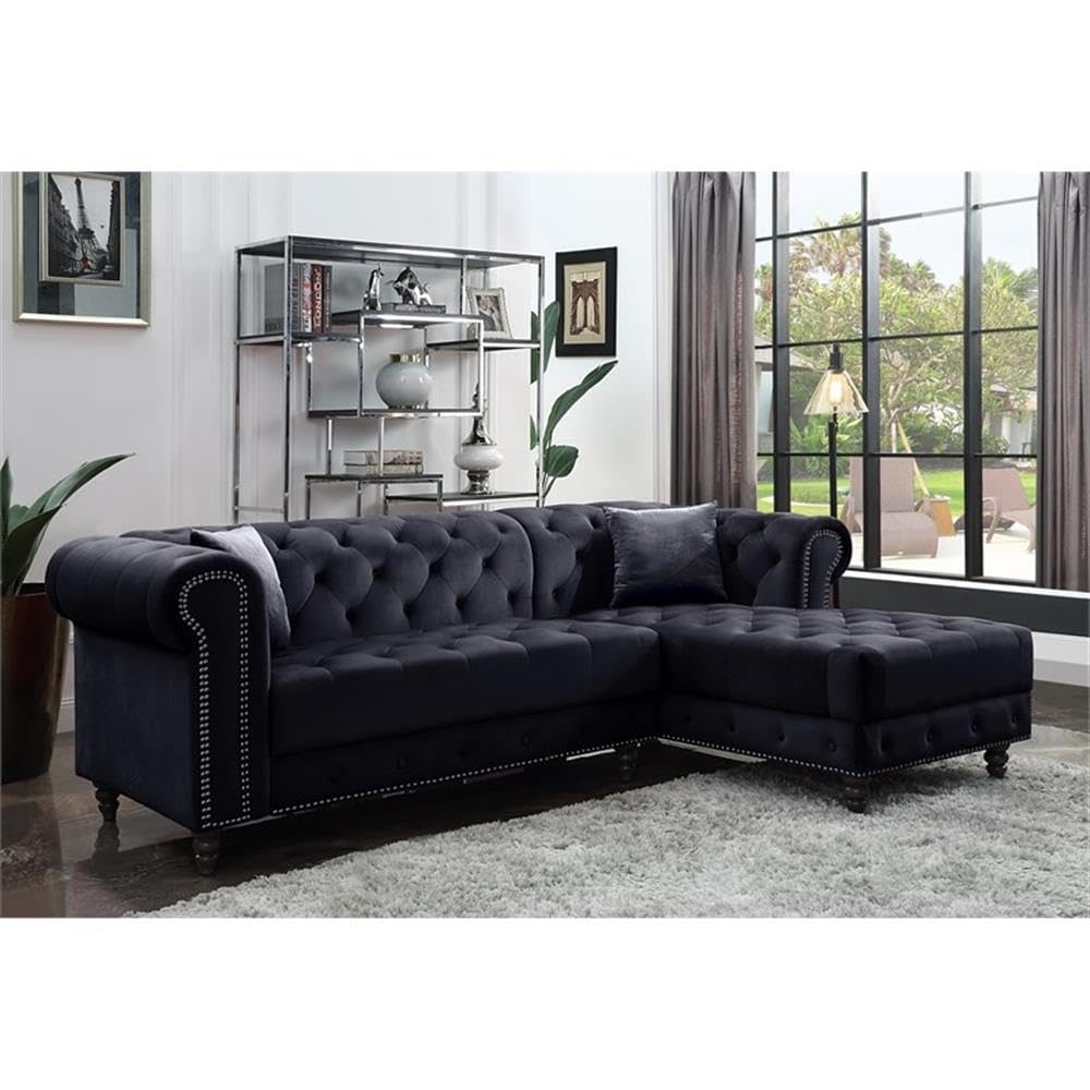 Acme Adnelis Sectional Sofa with 2 Pillows in Black Velvet