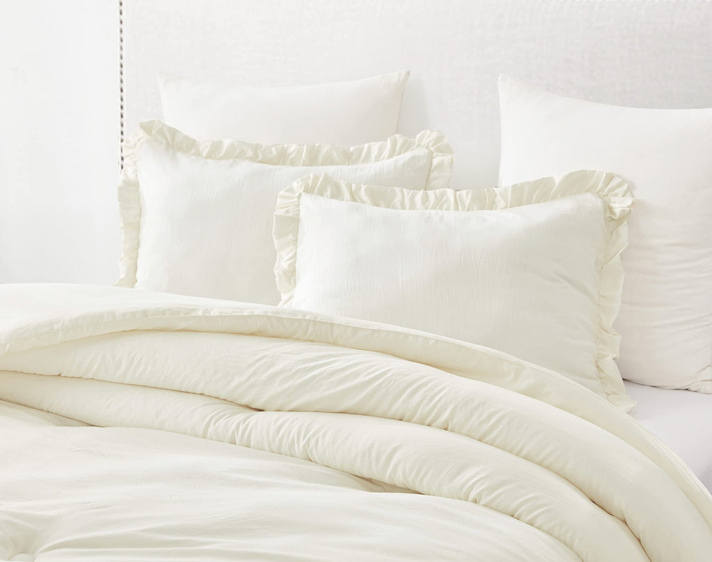 Chezmoi Collection Nora 2-Piece Ruffled Edge Trim Soft Washed Microfiber Comforter Set (Twin, Ivory)