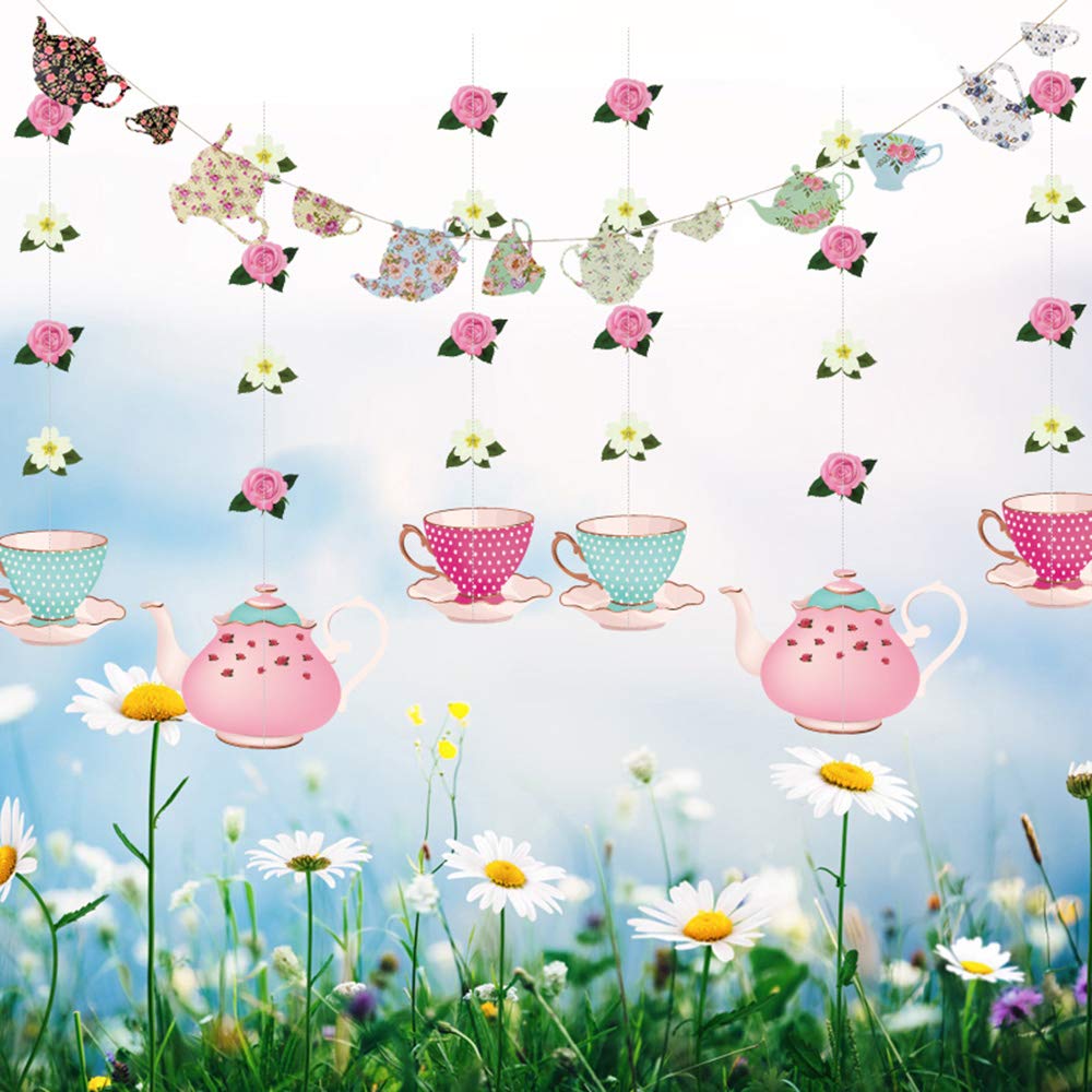 Tea Party Decoration Banner and Hanging Decorations Set Alice in Wonderland Party Garland Decor Teapot Teacup Flower Hanging Gar