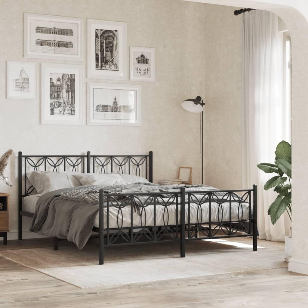 vidaXL Metal Bed Frame with Headboard/Footboard, Black, Steel, Double Bed - 81.5"x61.4"x35.4"