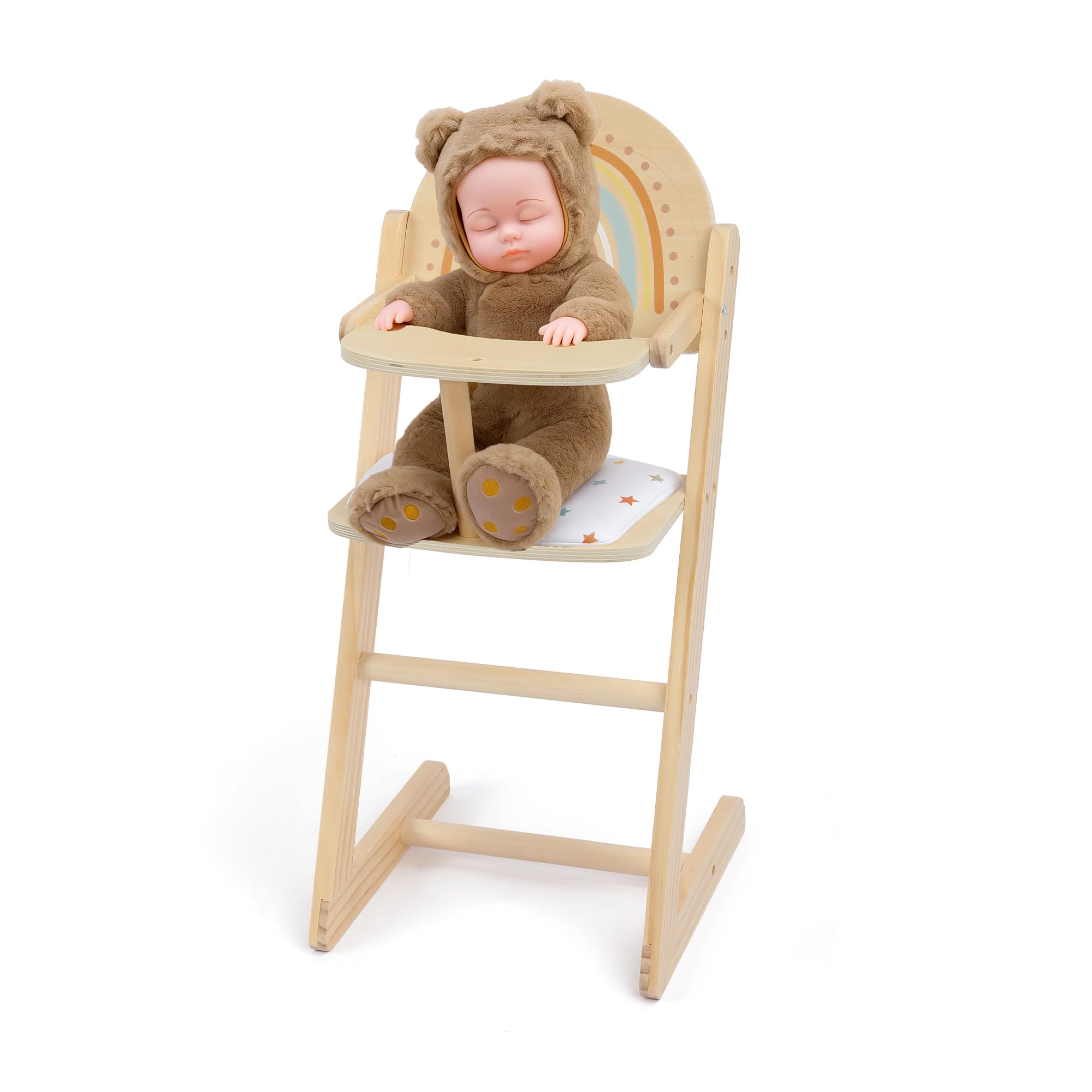 Freniland Wooden Baby Doll High Chair Pretend Play High Chair with Cushion and Feeding,Fits Up to 16 inch Dolls,Baby Doll Furnit
