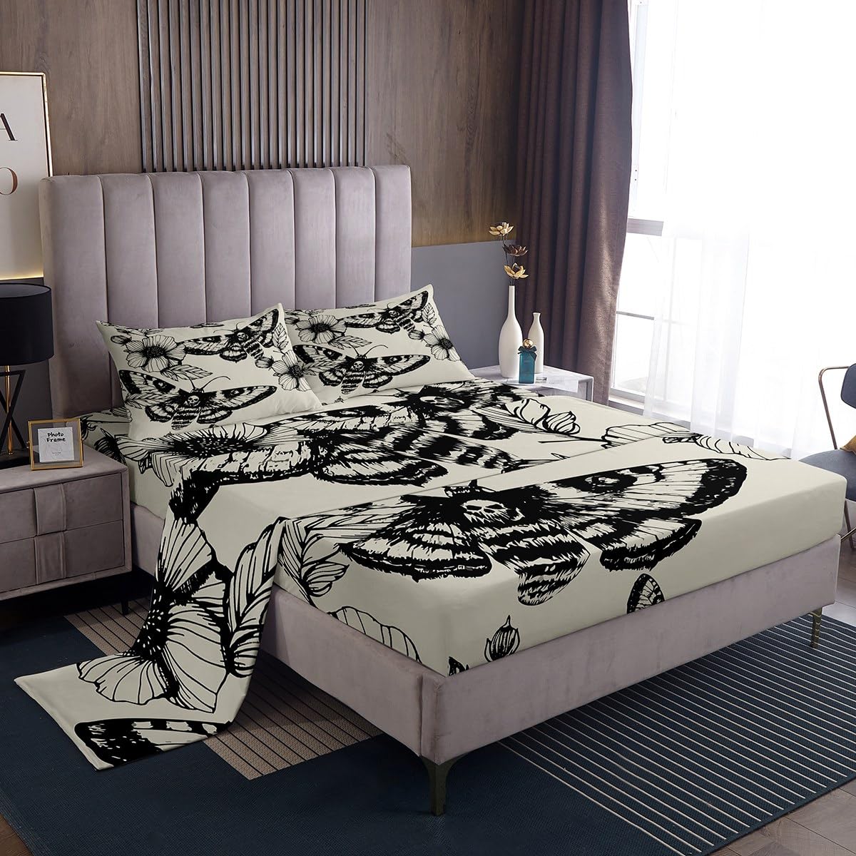 Gothic Skull Bedding Set Decorative Death Moth And Flowers Sheet Set Full Size For Kids Teens Adults Bedroom Decor Breathable Pe