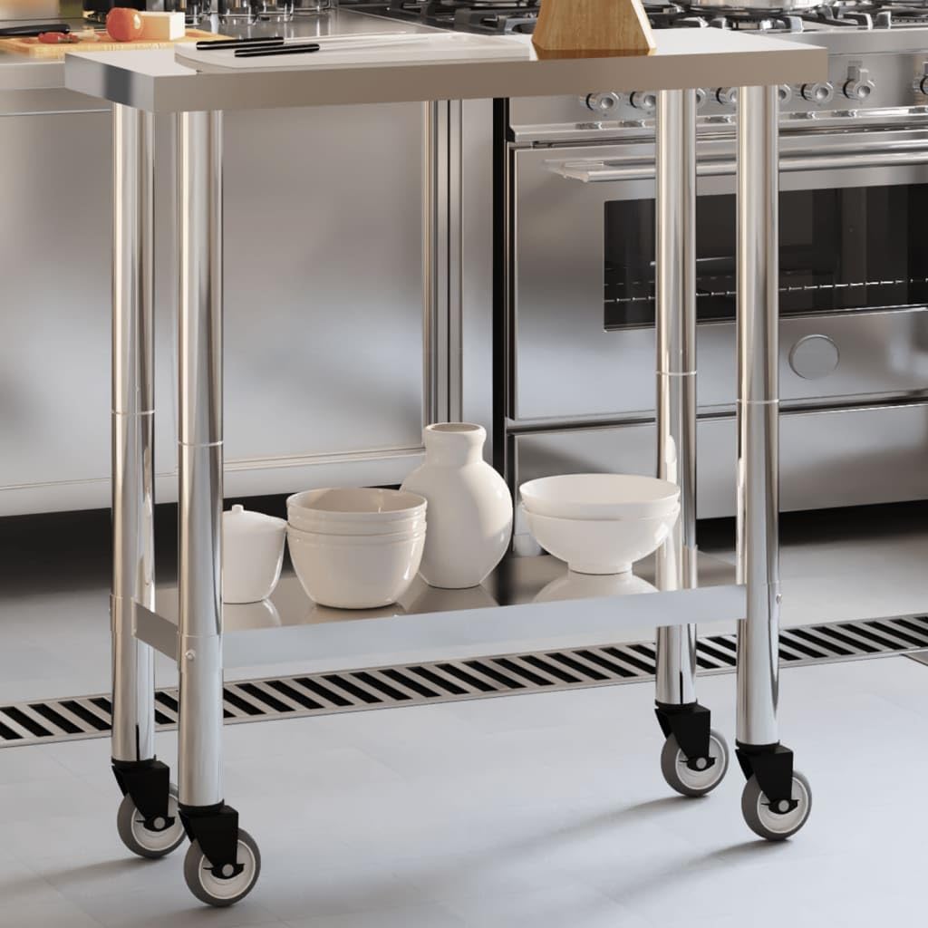 vidaXL Stainless Steel Kitchen Work Table on Wheels - 32.5"x11.8" Prep Space with Adjustable Storage Shelf for Restaurants, Bars, Schools