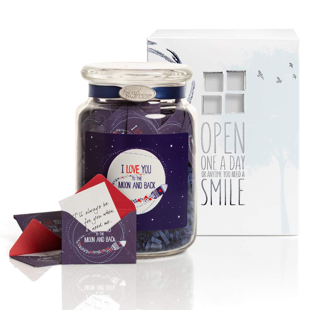 KindNotes Glass Keepsake Gift Jar with INSPIRATIONAL Messages - Moon and Back