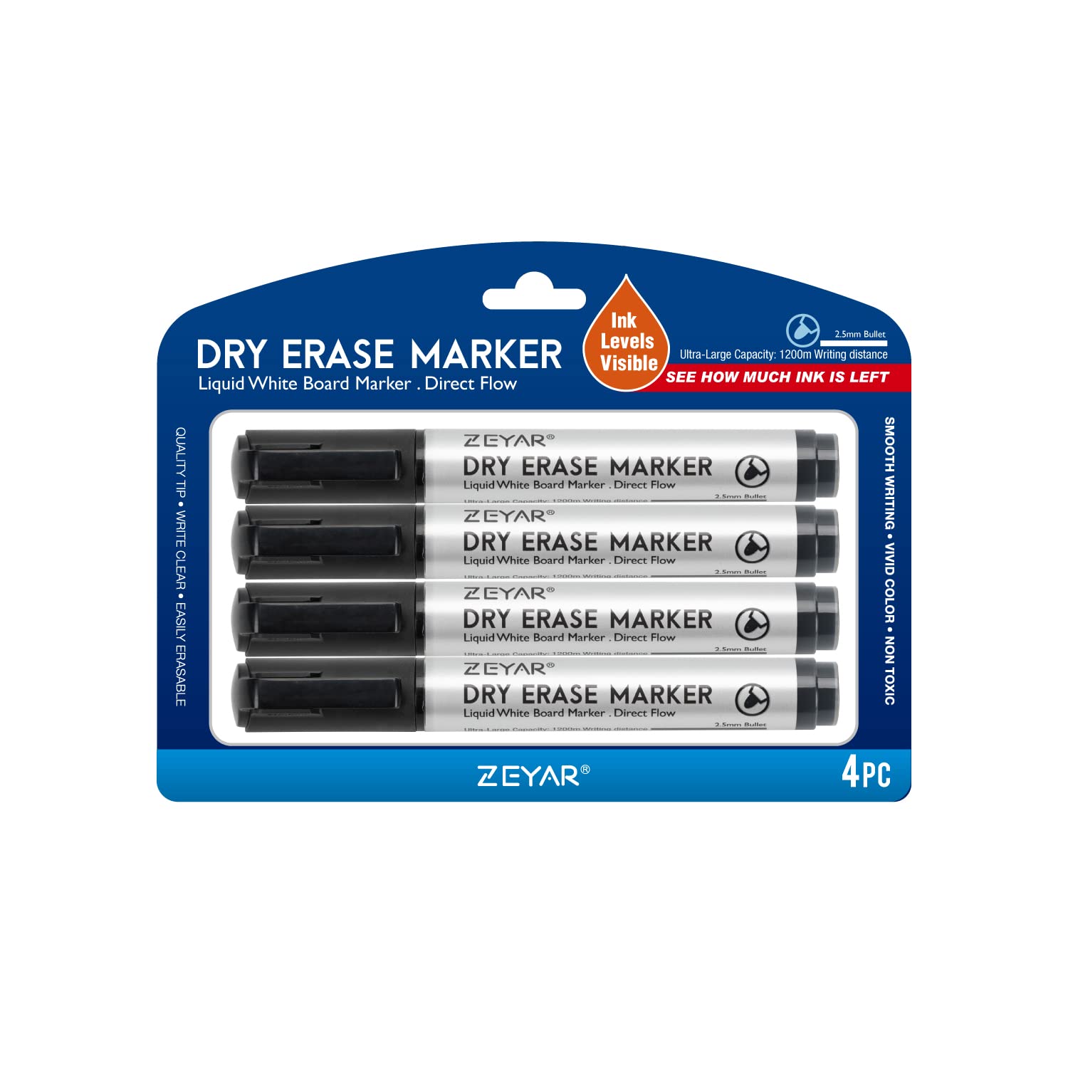 Zeyar Dry Erase Marker Low-Odor Bullet Tip, Ultra-Large Capacity, Advanced Direct Flow Structure, Whiteboard Marker For School,