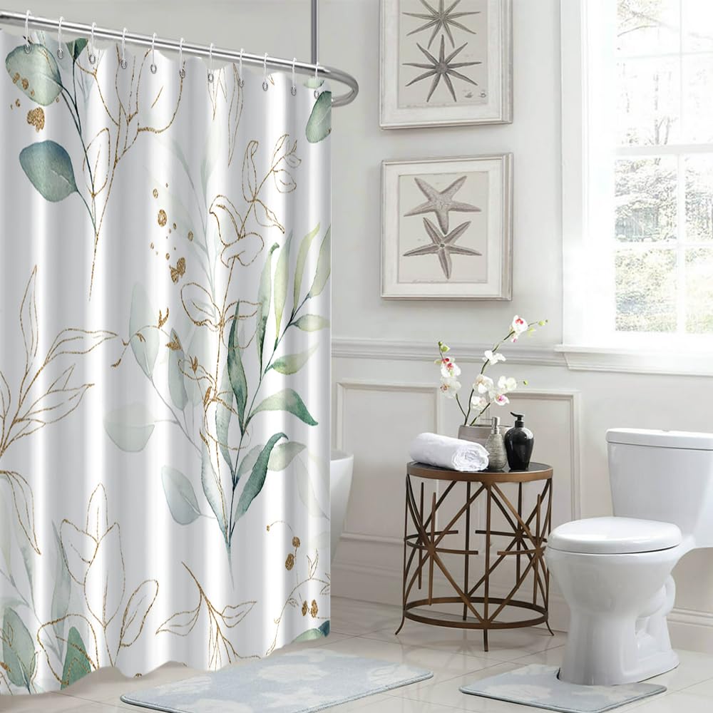 Ruelvth Eucalyptus Shower Curtain, Spring Sage Green And Gold Abstract Leaves Shower Curtain Set For Bathroom Waterproof Fabric