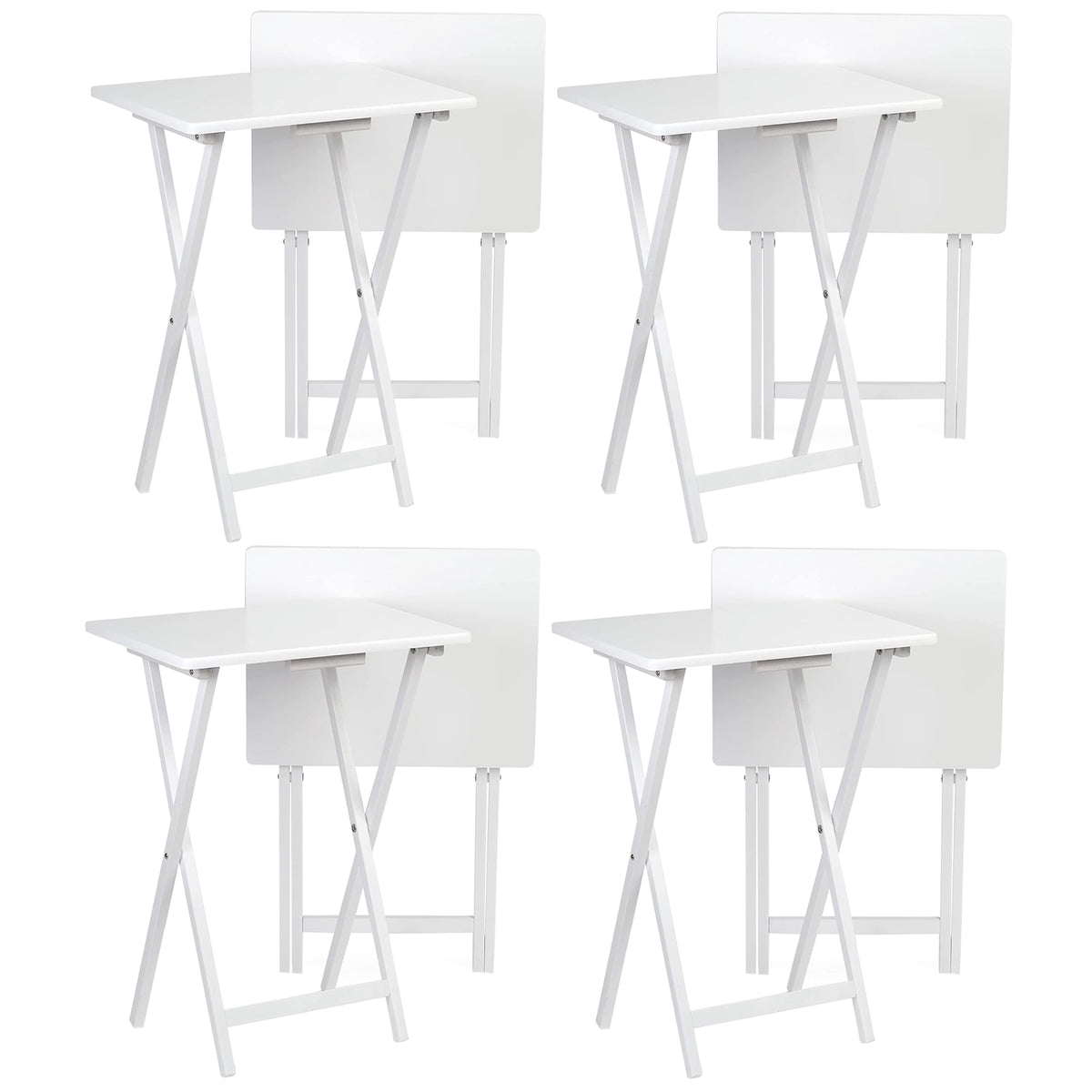 Pj Wood Conventional Solid And Sturdy Wood Construction Portable Folding Tv Snack Tray Table Desk Serving Stand, White (8-Piece Set)