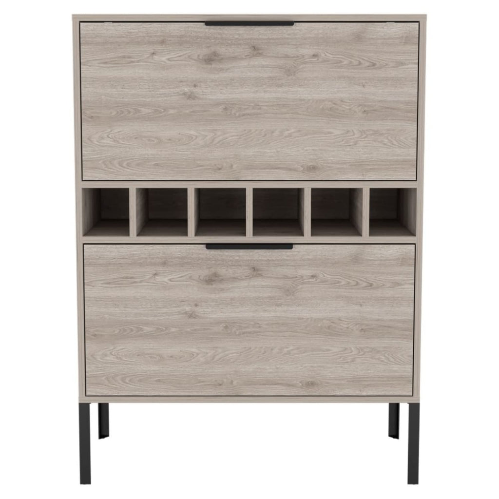 bar-coffee 43"" H, with metal legs, Kitchen or living cabinet with 1 upper swing door drawer, 2 cup holders inside, 1 central shelf, and 1 lower divided drawer, ligh gray