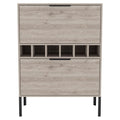 bar-coffee 43"" H, with metal legs, Kitchen or living cabinet with 1 upper swing door drawer, 2 cup holders inside, 1 central shelf, and 1 lower divided drawer, ligh gray