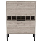bar-coffee 43"" H, with metal legs, Kitchen or living cabinet with 1 upper swing door drawer, 2 cup holders inside, 1 central shelf, and 1 lower divided drawer, ligh gray