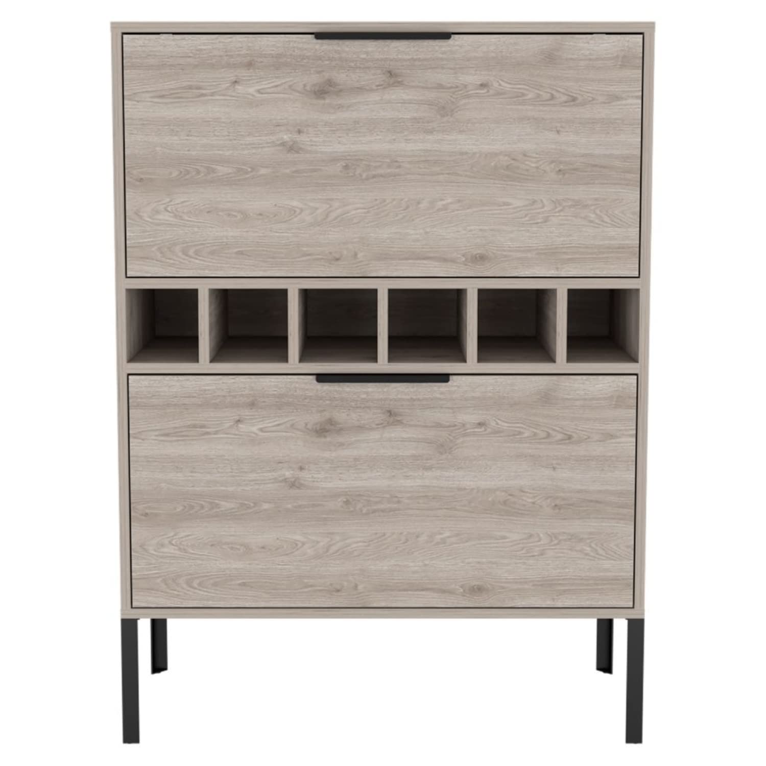 bar-coffee 43"" H, with metal legs, Kitchen or living cabinet with 1 upper swing door drawer, 2 cup holders inside, 1 central shelf, and 1 lower divided drawer, ligh gray