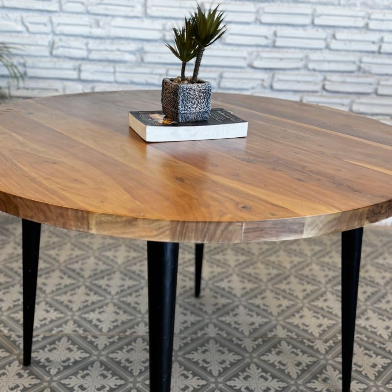 Naresh Art @ Handicraft Solid Mango Wooden Round 4 Seater Dining Table For Living Room, Dining Room, Hotel & Home, Brown Finish,