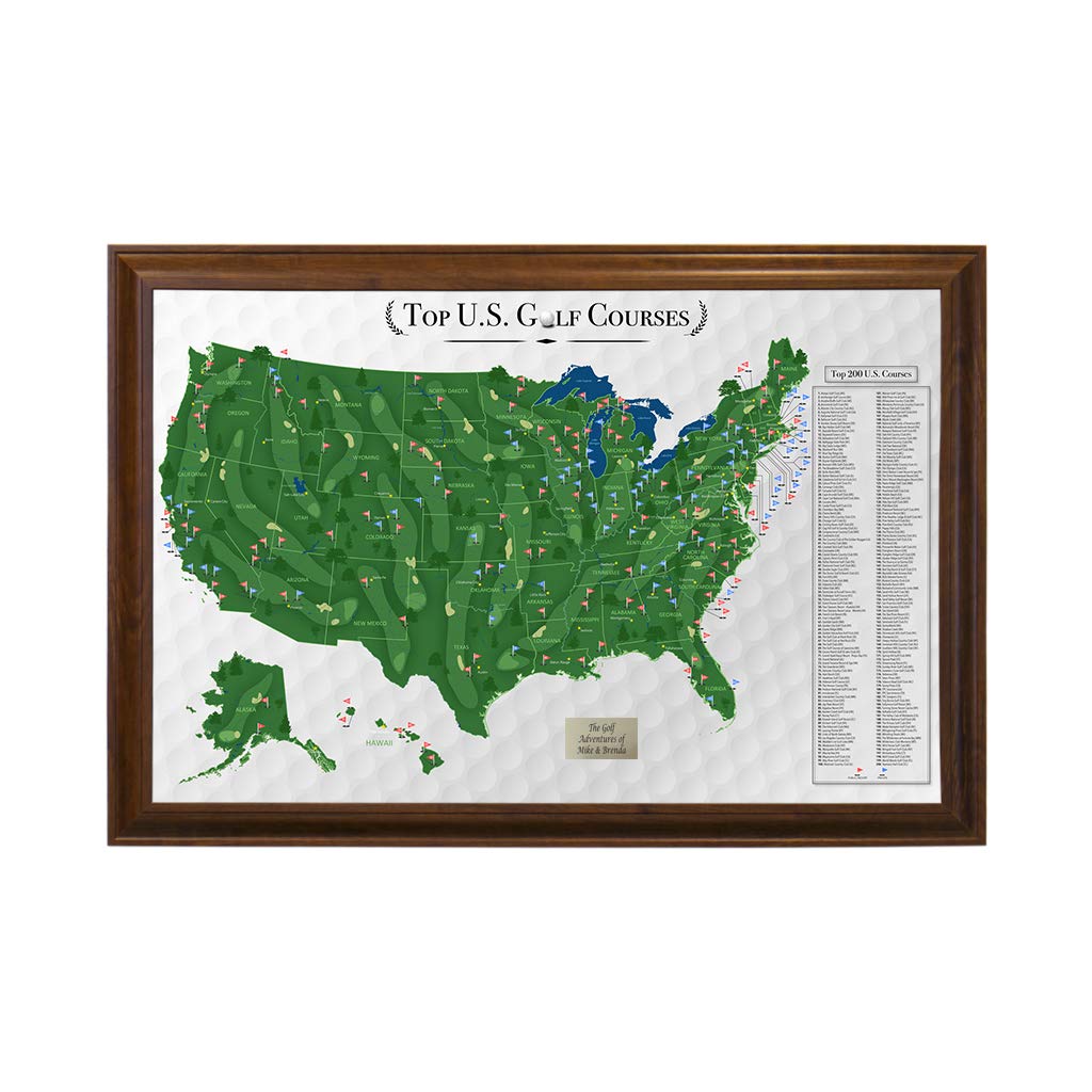 Push Pin Travel Maps Customizable Wall Art - Top Golf Courses USA Map - Brown Frame - Personalized Framed Pin Map, Includes 150 