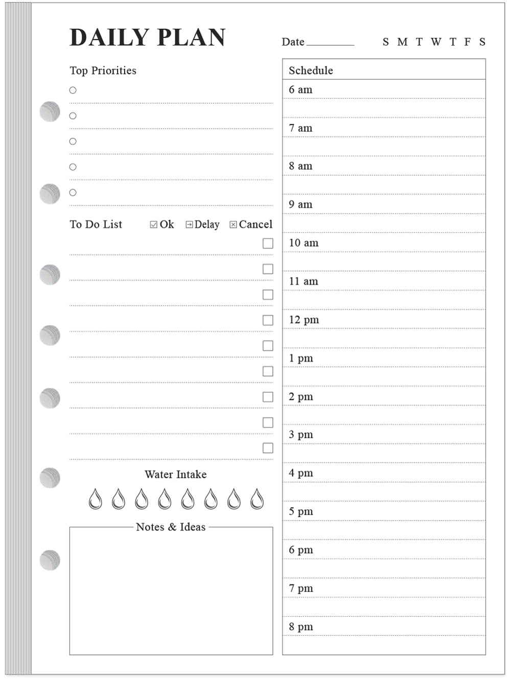 Undated Daily Planner Refill - A5 Day Planner Insert To Do List, 100 Sheets/200 Pages Planner And Lined Refill, 7-Hole Punched,