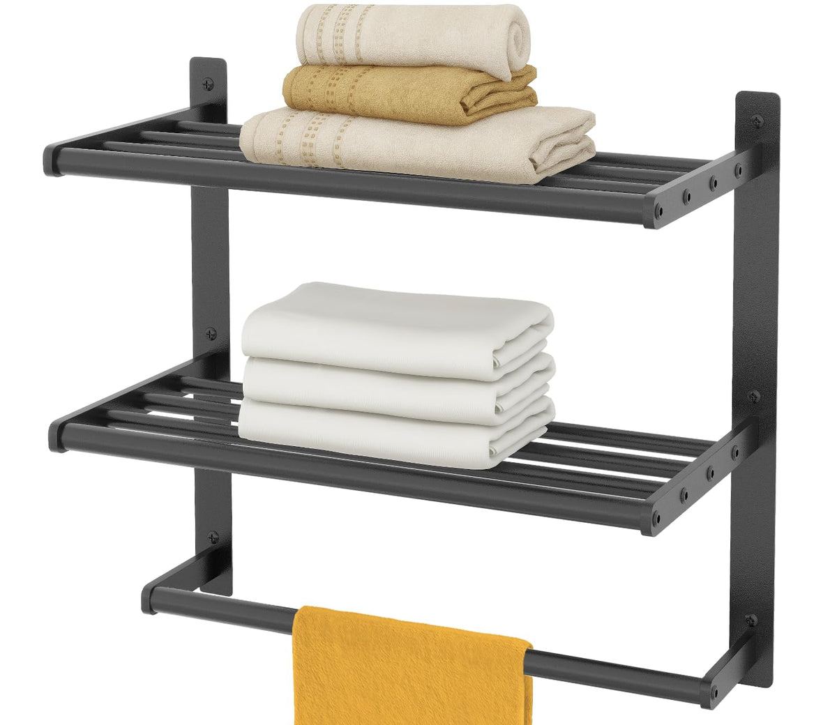Hotel Towel Racks For Bathroom Wall Mounted, Bethom Towel Shelf For Bathroom 3Tier, 16 Inch Matte Black Towel Bar With Shelf