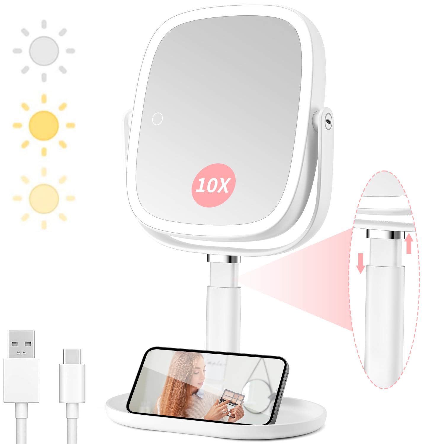 Lighted Makeup Mirror, 2600mAh Rechargeable 1x/10x Magnifying Vanity Mirror, 8.5 Height Adjustable Makeup Mirror with Lights 3 C