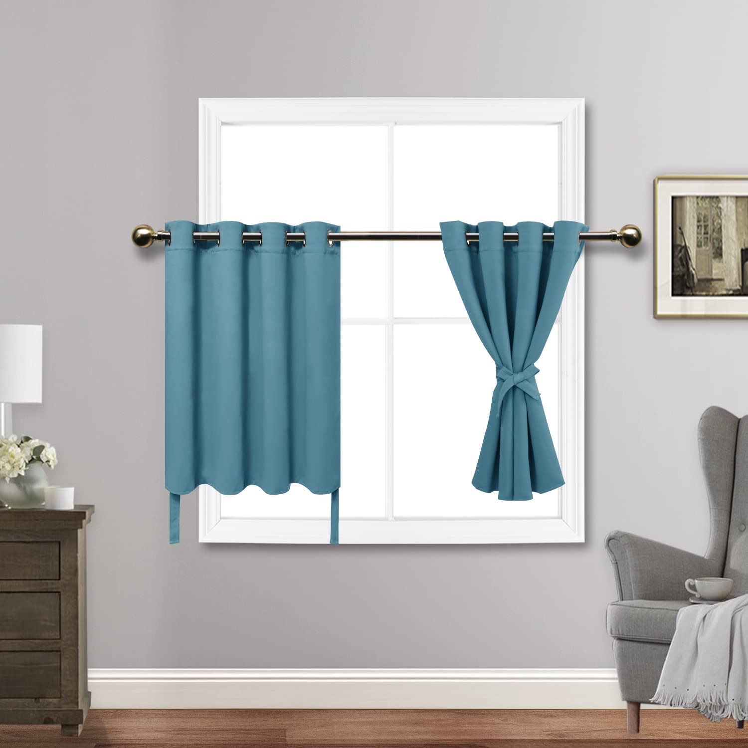 Jiuzhen Short Curtains Kitchen Half Window Blackout Curtains With Tiebacks For Baseroom Shadows, Grommet Curtains For Living Room, Set Of 2 Window Curtain Panels, 52 X 30 Inch Length,Turquoise