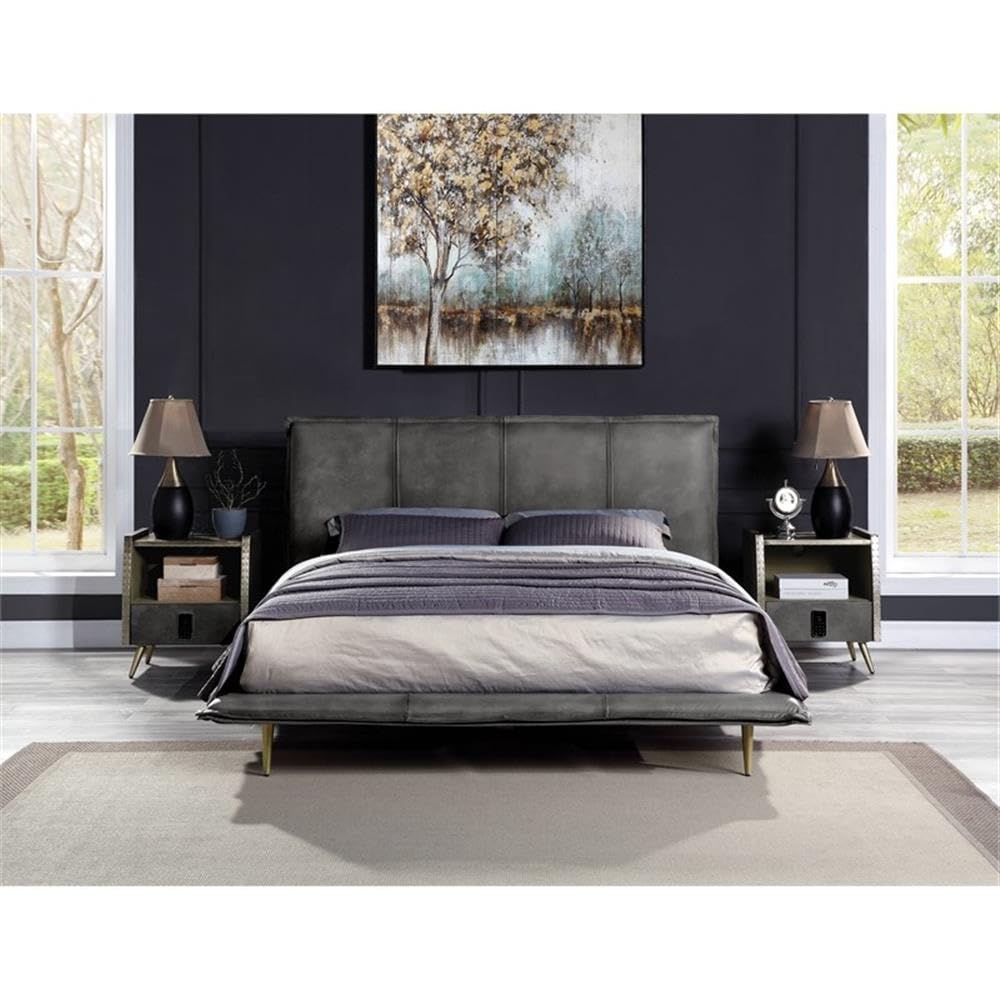 Acme Metis Top Grain Leather Upholstered Queen Bed with Metal Legs in Gray