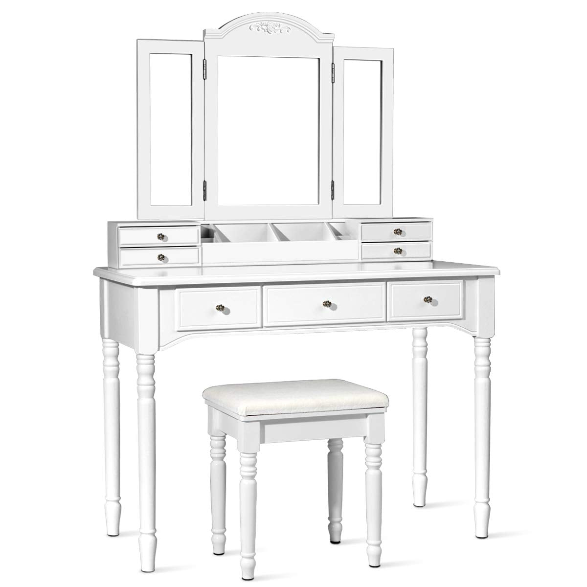 CHARMAID Large Makeup Vanity Table, 41.5 Wide Vanity Desk, Tri-fold Mirror with 8 Necklace Hooks Backside, 7 Drawers, 4 Storag