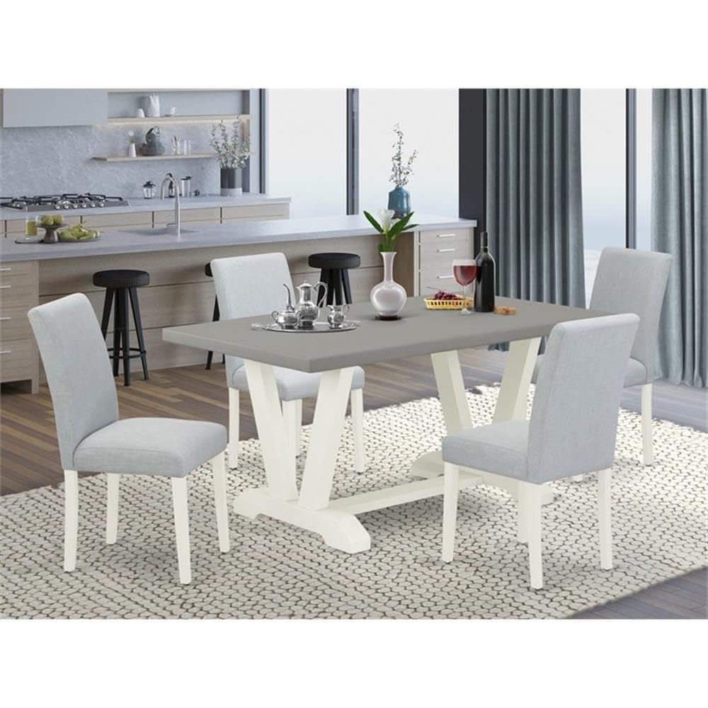 East West Furniture V096Ab015-5 5 Piece Kitchen Table & Chairs Set Includes A Rectangle Dining Room Table With V-Legs And 4 Baby Blue Linen Fabric Parsons Chairs, 36X60 Inch, Multi-Color