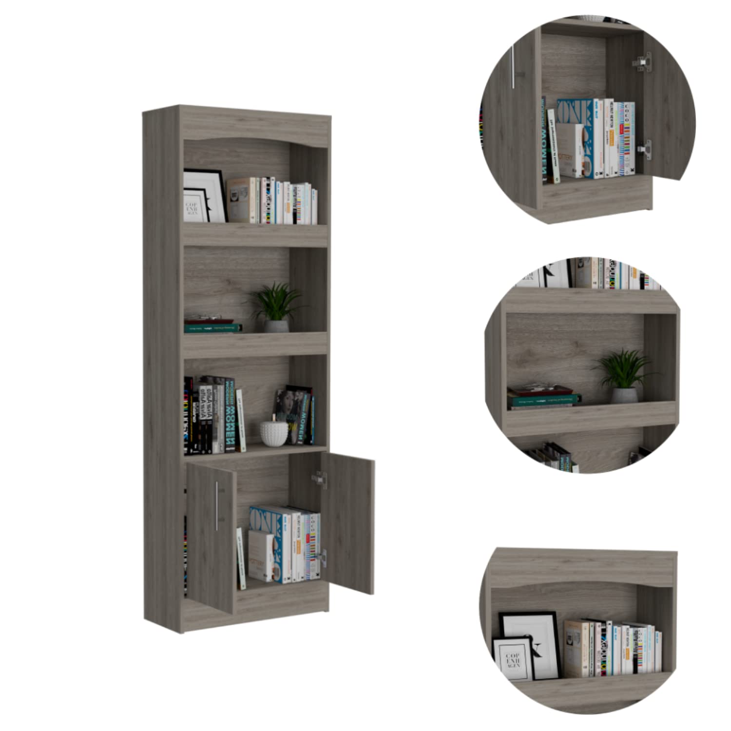 Dozza Bookcase with 3 Shelves, Double Door Cabinet, and Metal Handles, Light Gray