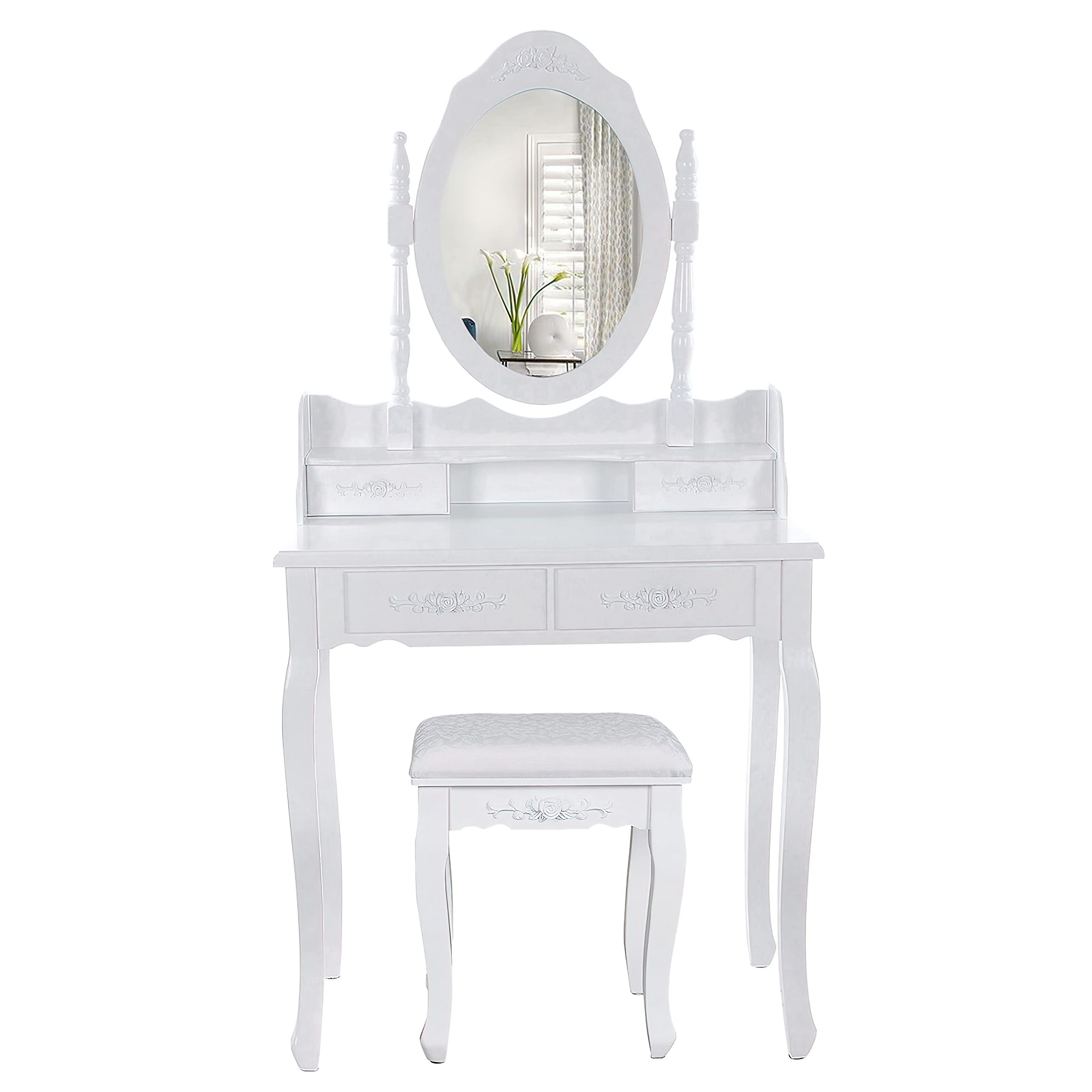 The Urban Port Ren 30-Inch 3-Piece Vanity Desk Set with Rotating Mirror and Matching Stool, 4 Drawers, Solid Wood