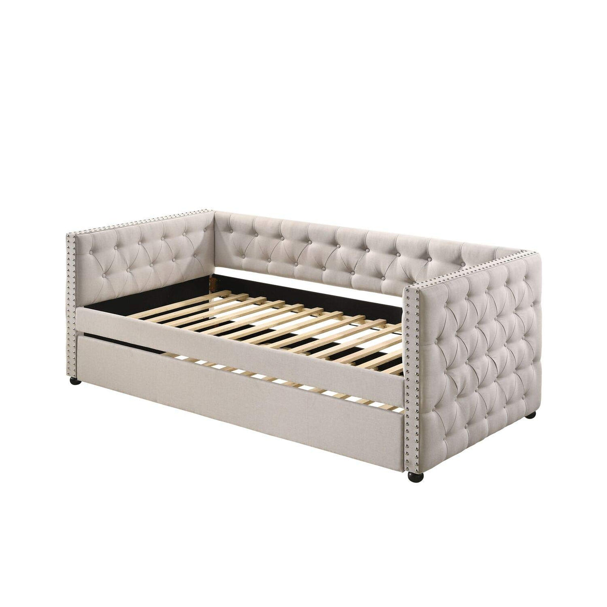 Acme Romona Button Tufted Fabric Upholstered Full Daybed and Trundle in Beige
