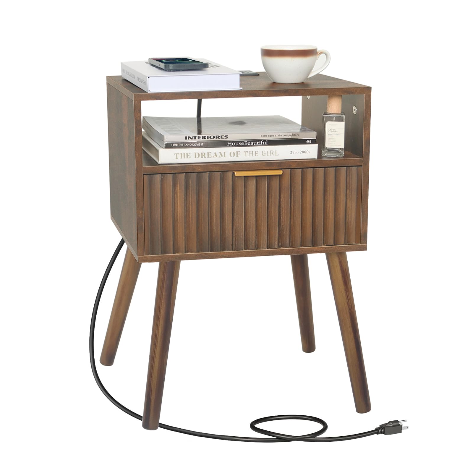 Fultyle Mid Cetury Modern Nightstand with Charging Station, Fluted Bedside Table with Storage, Modern Side End Table with Solid 