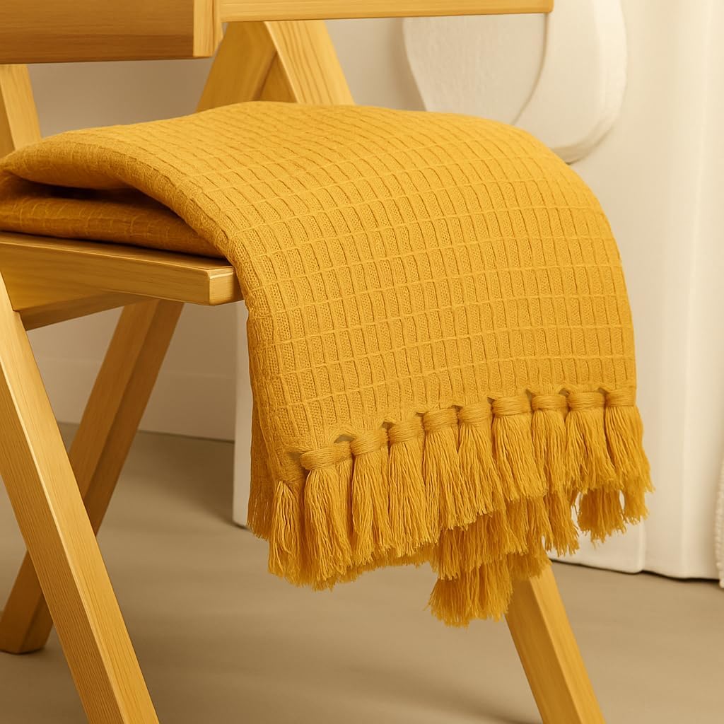 24x7 Home Store Decorative Sofa Throw Blanket with Tassel Fringe, Boho Style, Cream and Navy (Mustard, Check Throw)