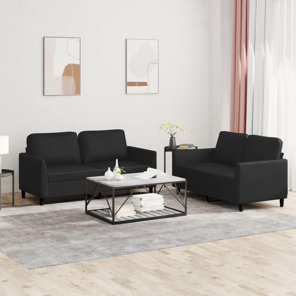 vidaXL Modern 2-Piece Sofa Set with Cushions in Black Faux Leather - Comfortable Seating for Living Room or Office