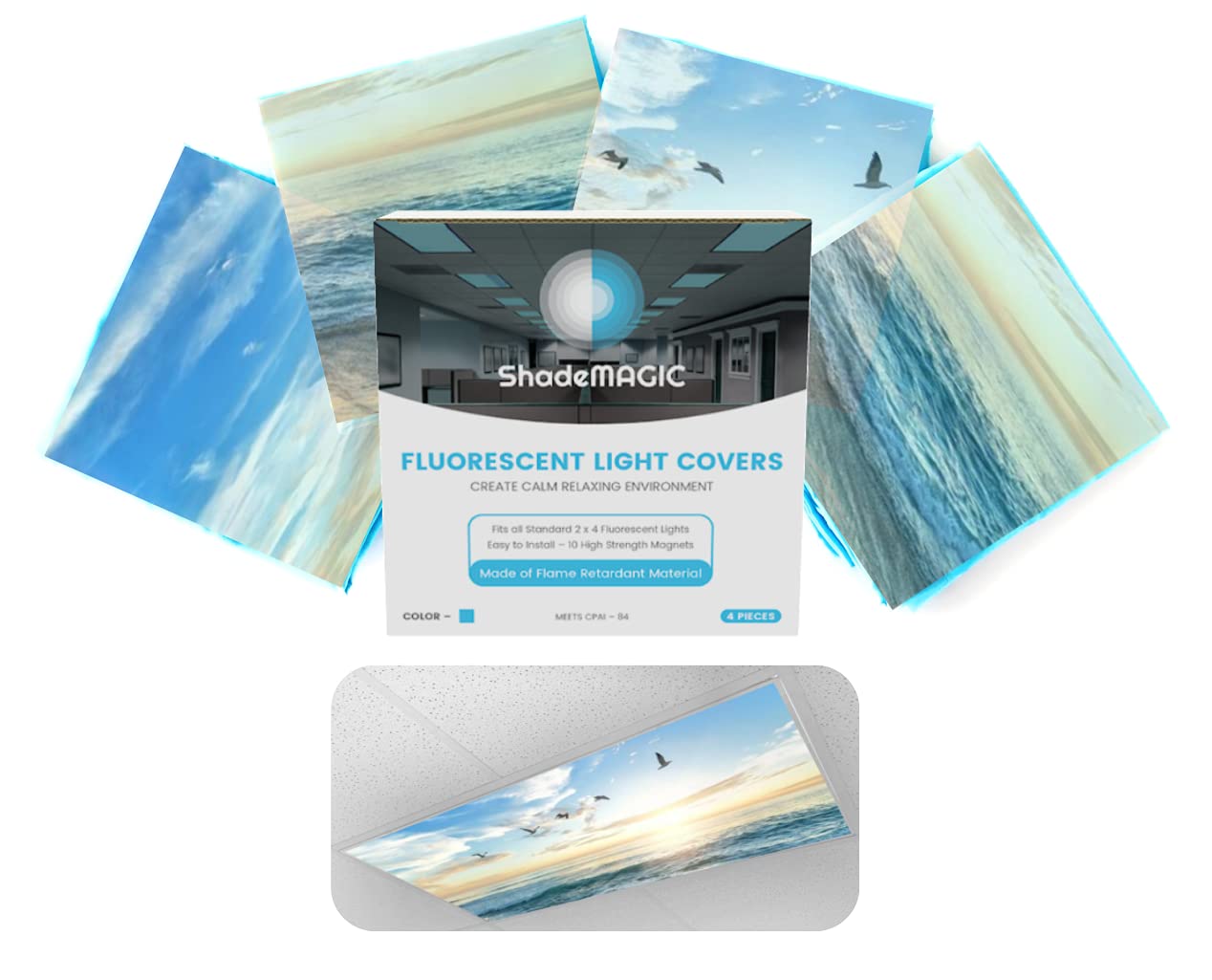 Shademagic Fluorescent Light Covers For Classroom Office - Beach - Light Filter Pack ; Eliminate Harsh Glare That Causing Eyestr