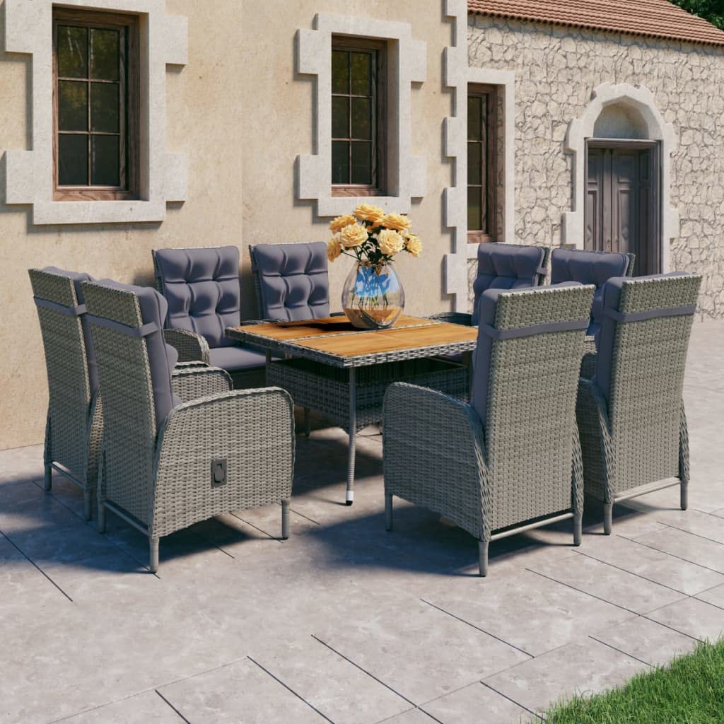 vidaXL Solid Acacia Wood Patio Dining Set 9 Piece Garden Outdoor Lawn Terrace Wooden Seat Seating Sitting Dinner Chair Furniture Poly Rattan Gray