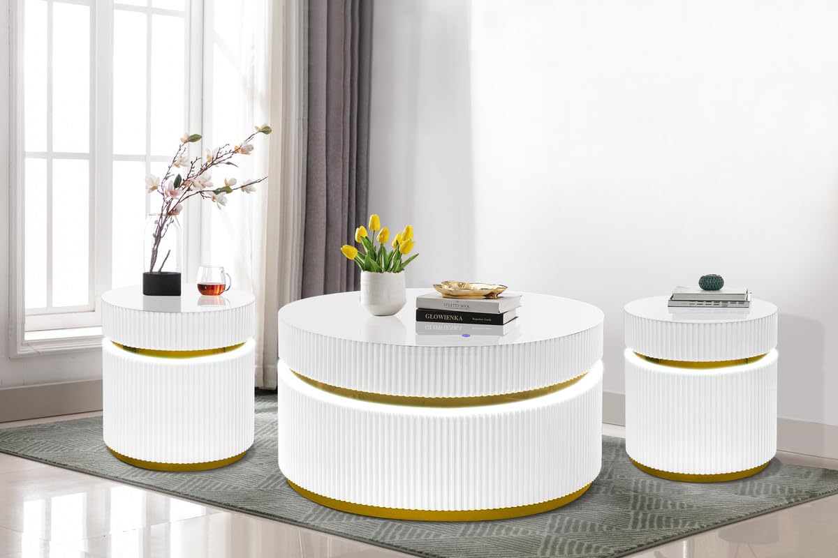 LILOLA LIVING Tavita 3-Piece Round Coffee Table Set with Glass Top and LED Lights