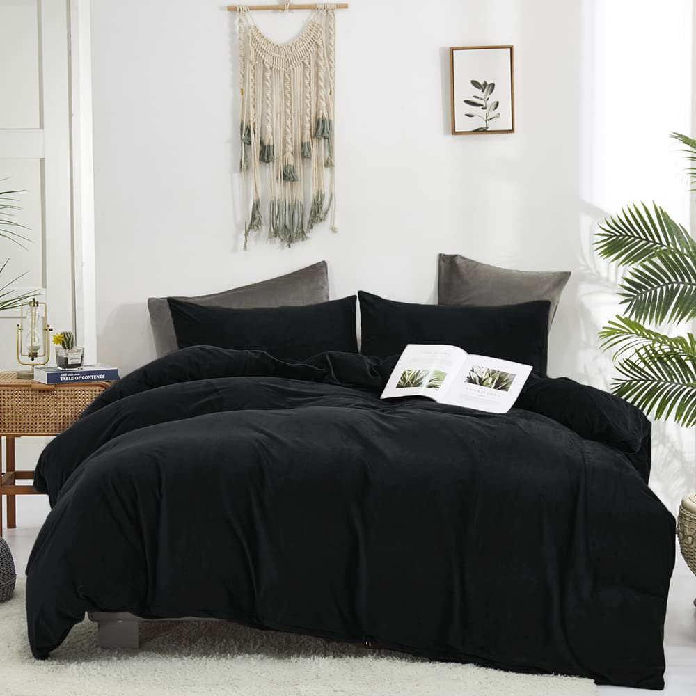 Clothknow Black Velvet Comforter Set King 3Pcs Black Bedding Comforter Sets Fluffy Comforter King Size Soft Cozy Black King Size