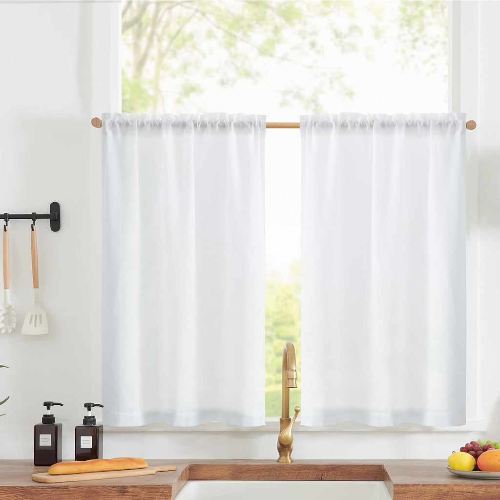 Jinchan Linen Textured Tier Curtains 36 Inch For Kitchen Windows Country Farmhouse Cafe Small Curtains Rustic Light Filtering Half Curtains For Living Room Laundry Bathroom Rod Pocket 2 Panels White