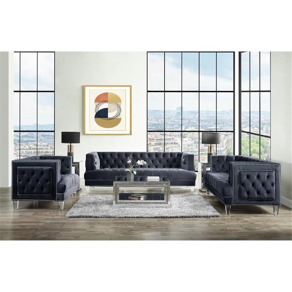 Acme Ansario Button Tufted Velvet Loveseat with Nailhead Trim in Charcoal
