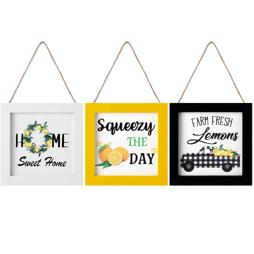 3 Pieces Lemon Framed Wood Sign Lemon Tiered Tray Signs Mini Wooden Sunflower Signs Wood Lemon Shelf Sitter Signs Bee Themed Hom