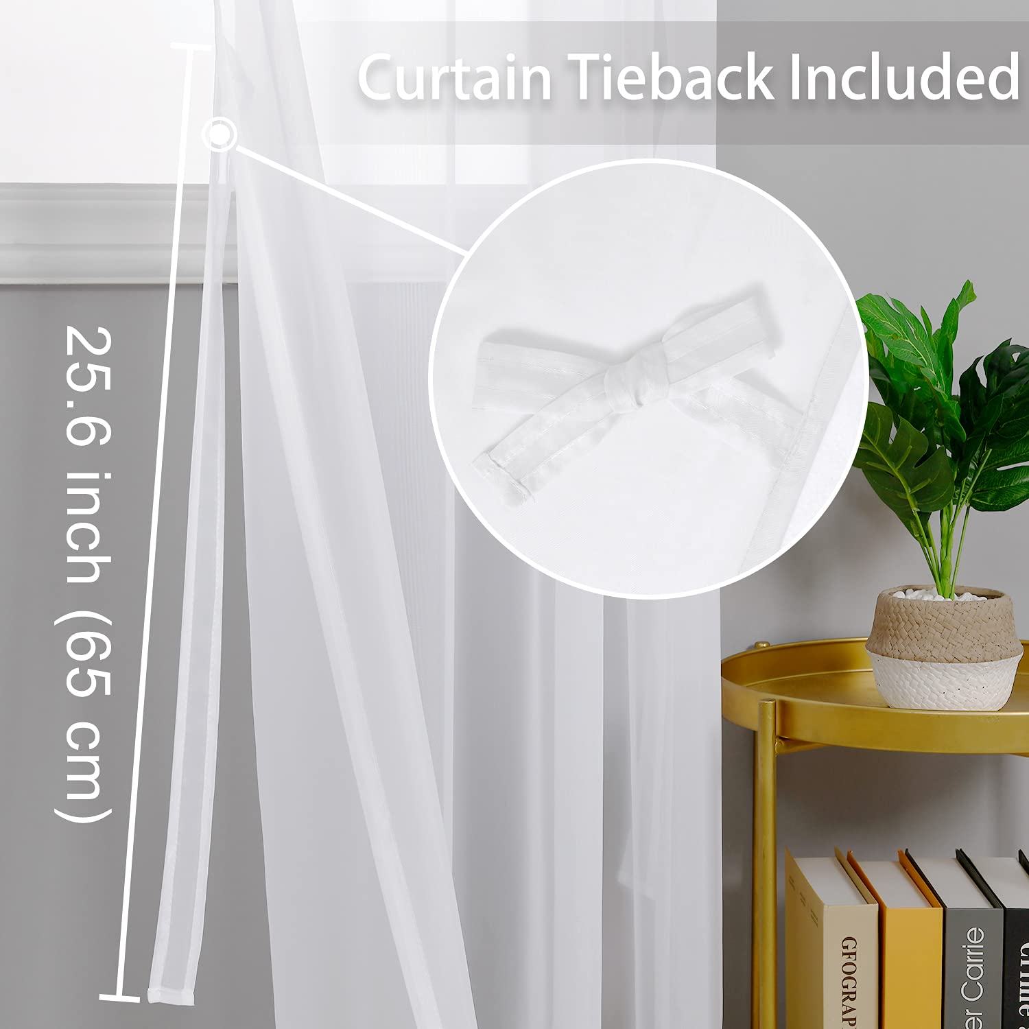 Hiasan Sheer Curtains 63 Inch Length With Tiebacks, Light Filtering Airy Breathable Grommet Voile Window Curtains For Living Room, Bedroom, Kids' Room, Off White, W52 X L63, Set Of 2 Drape Panels