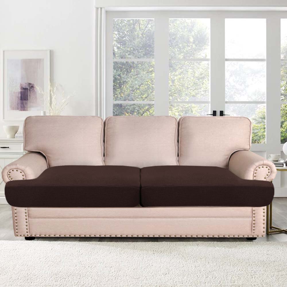 H.Versailtex Stretch 2 Piece T Cushion Sofa Slipcovers Individually Sofa Cushion Covers For 2 Cushion Couch Sofa Seat Cushion Covers With Elastic Bands Featuring Thicker Jacquard Fabric, Chocolate